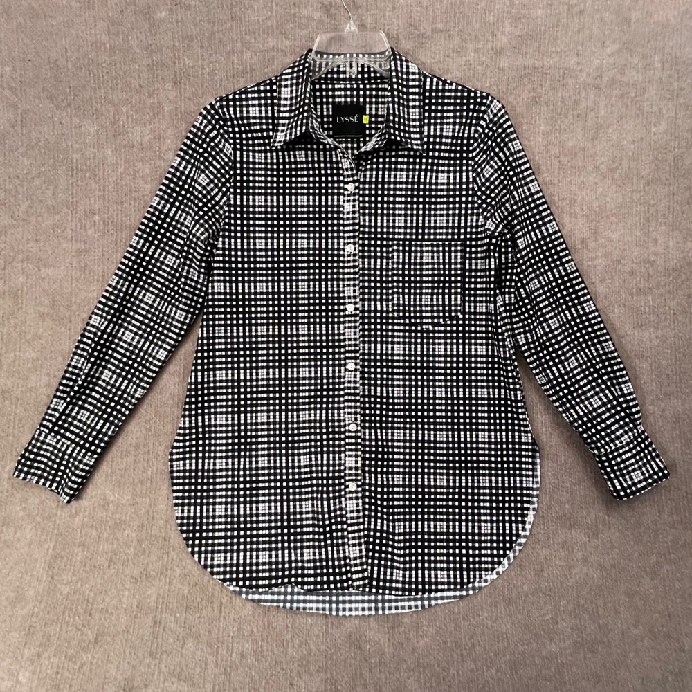 Lysse Women's Black White Gingham Check‎ Button Up Long Sleeve Blouse Top M